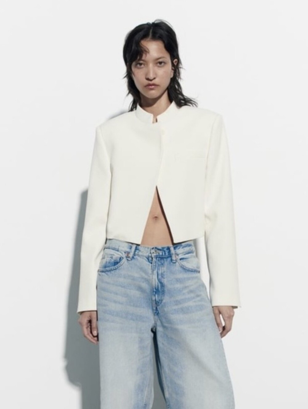 Zara Oyster White Medium Crop Assymetric Jacket Blazer